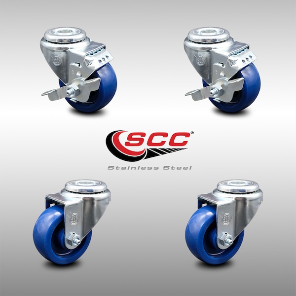 3.5 Inch SS Solid Polyurethane Wheel Swivel Bolt Hole Caster Set with 2 Brake